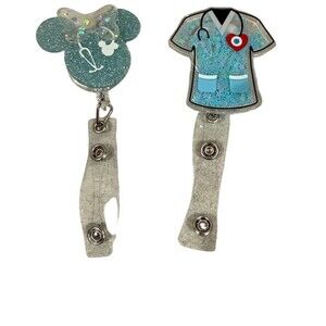 2pc Glitter Nurse Badge Reel Set Mouse Head & Scrubs Shaker Retractable Doctor